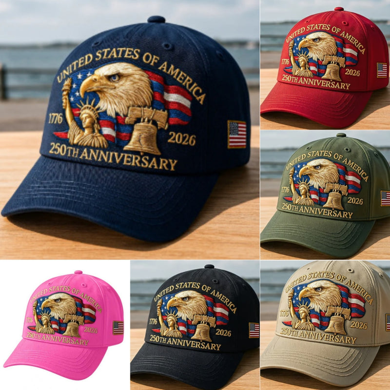 Bestickte Baseballkappe mit Adlerkopf – Gedenkdesign zum 250. Jubiläum Amerikas – Verstellbare Snapback-Mütze aus Baumwollmischgewebe für Damen und Herren
