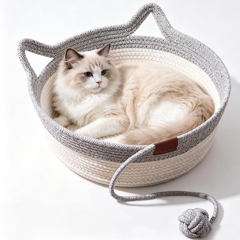 Cesto para Gatos, Cama Cesto para Gato Tecida à Mão de 35&40&46cm com Pegas em Forma de Orelhas de Gato, Cama Cesto para Gato em Corda de Algodão com Bola, Uso Interior para Todos os Gatos