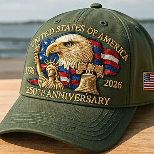 Bestickte Baseballkappe mit Adlerkopf – Gedenkdesign zum 250. Jubiläum Amerikas – Verstellbare Snapback-Mütze aus Baumwollmischgewebe für Damen und Herren