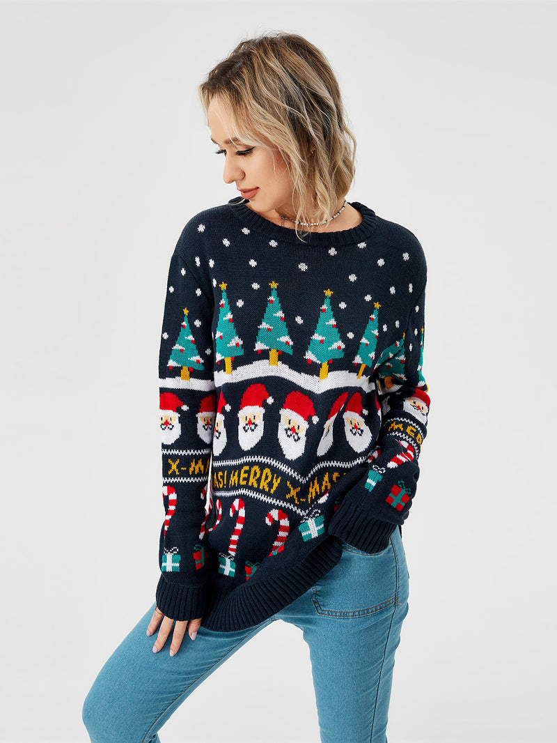 Damen-Weihnachtspullover Strickpullover Langarm Rundhalsausschnitt Sweatshirt
