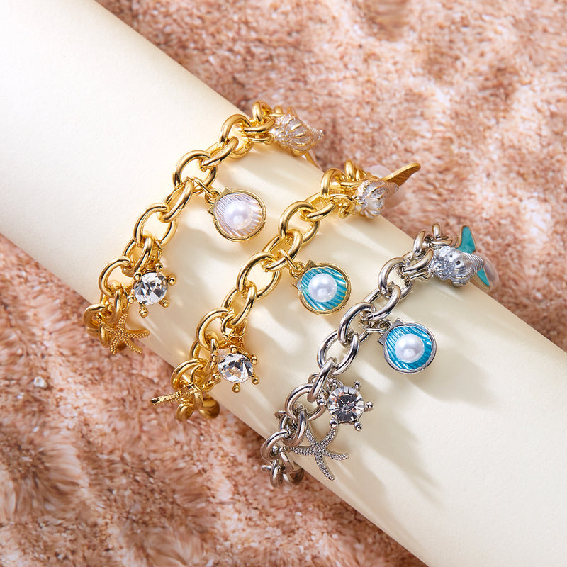 Moda feminina Starfish Pearl Shell Fishtail Multi-pingente Colar Pulseira
