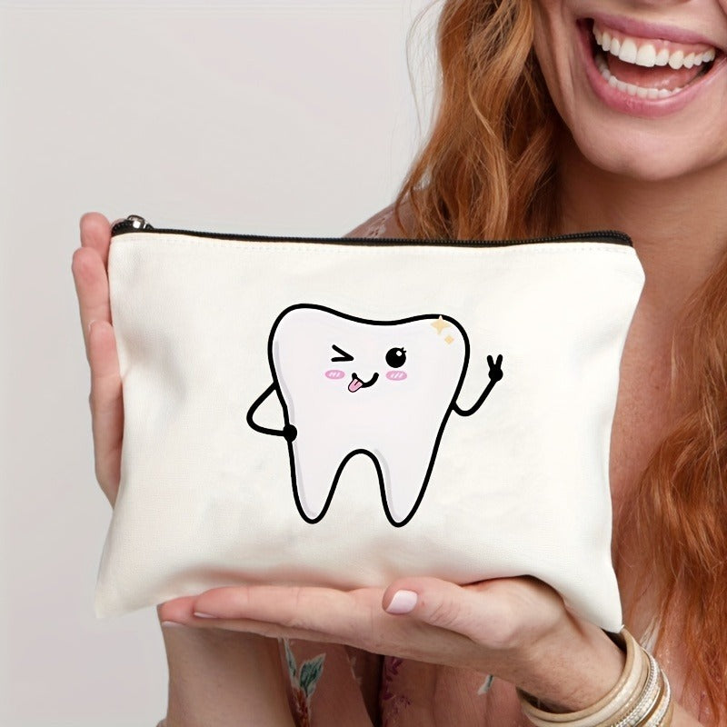 Tooth-patterned Canvas Zip Pouch For Kids Travel