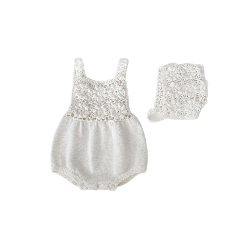 Baby Sweater Romper Solid Color Flower Cutout Strap Knitted Romper Hat