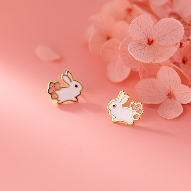 Nova menina feminina doce coelho branco feminino coração orelha studs