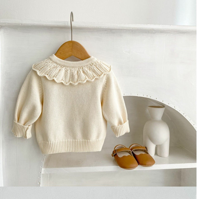 Children's Flower Embroidered Lotus Collar Knitted Warm Long Sleeve Cardigan Jacket