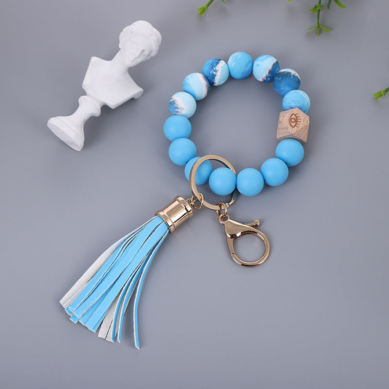 Color Silicone Bead Bracelet PU Tassel Key Chain