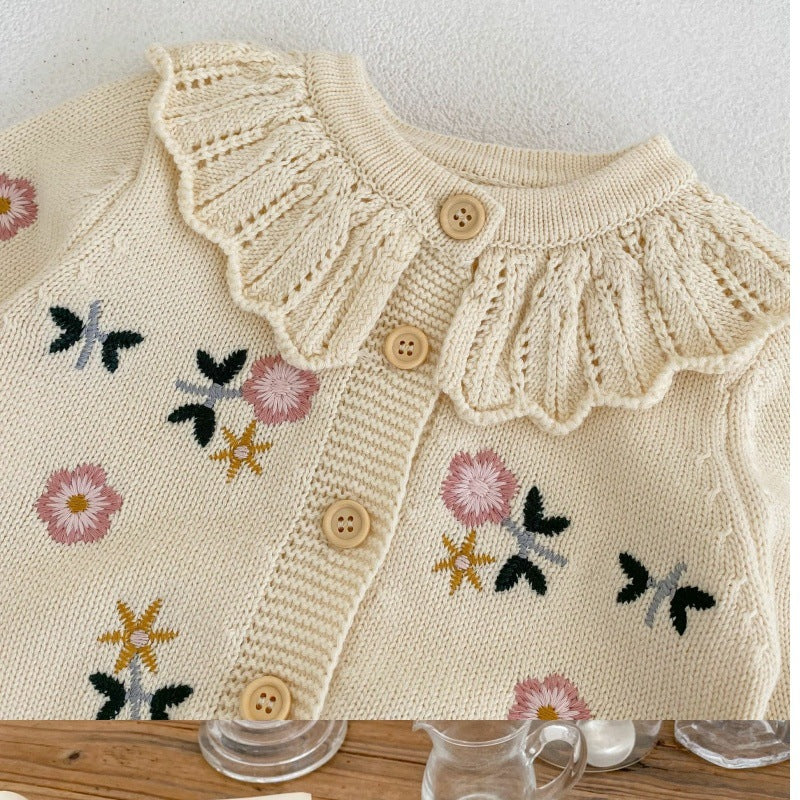 Children's Flower Embroidered Lotus Collar Knitted Warm Long Sleeve Cardigan Jacket