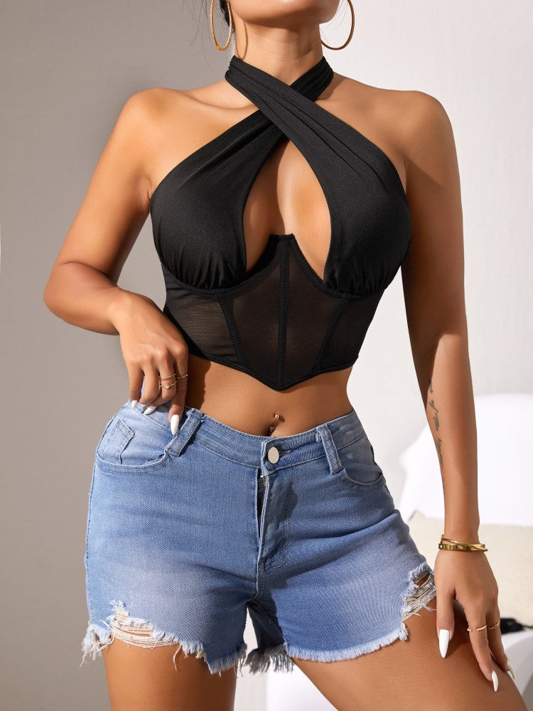 Top Stitching Mesh Transparenter Cross-Neck Neckholder-BH mit Fischgrätmuster