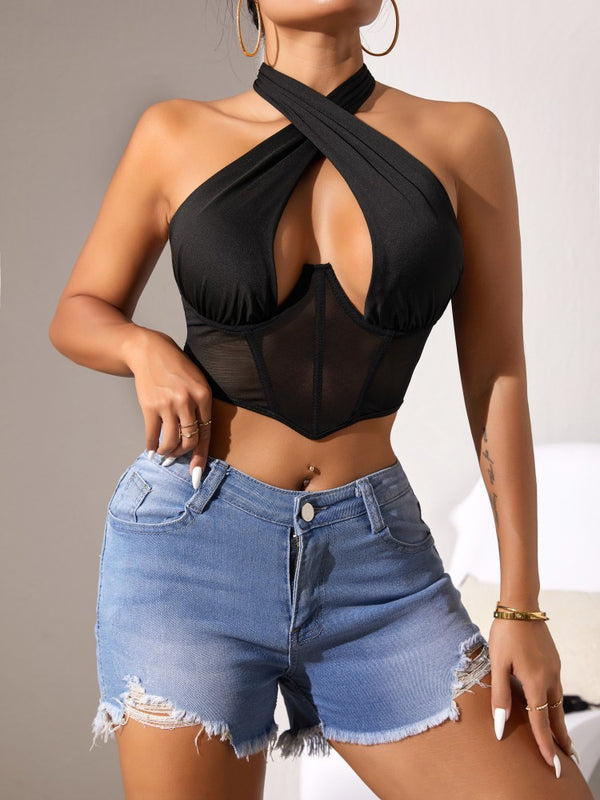 Top Stitching Mesh Transparenter Cross-Neck Neckholder-BH mit Fischgrätmuster