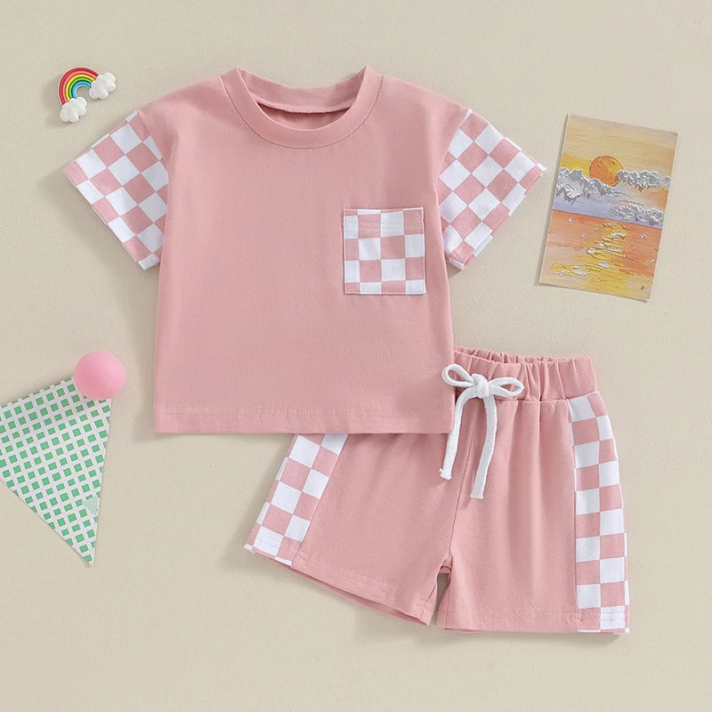Lässiger karierter Kurzarm-Anzug mit Taschen für Damen