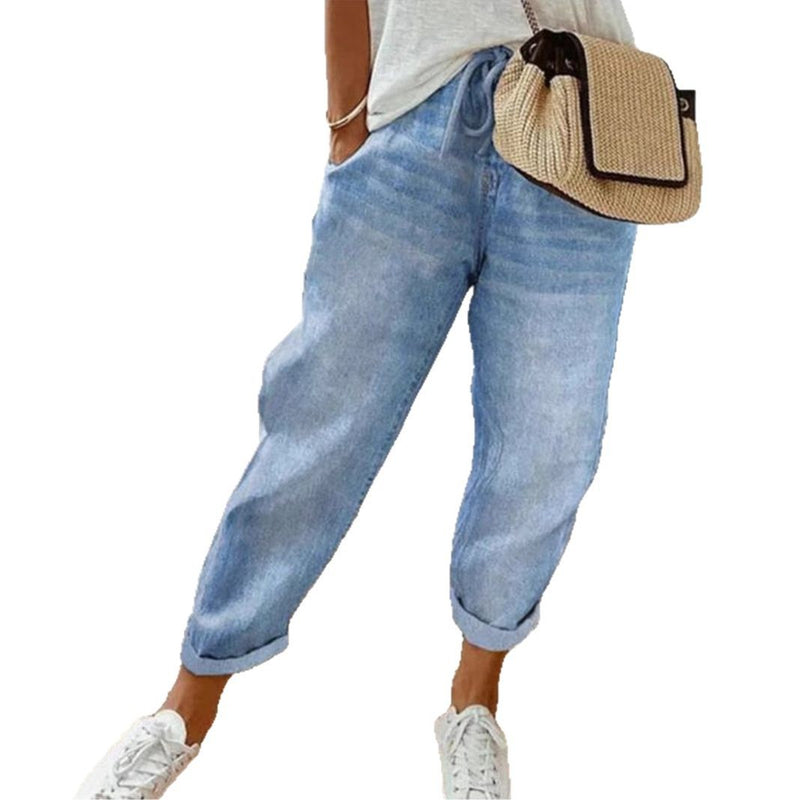 Calças casuais femininas com estampado floral, graffiti e bolsos largos