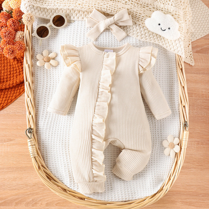 Baby's Simple Multi-color Flounced Sleeve Waffle Jumpsuit
