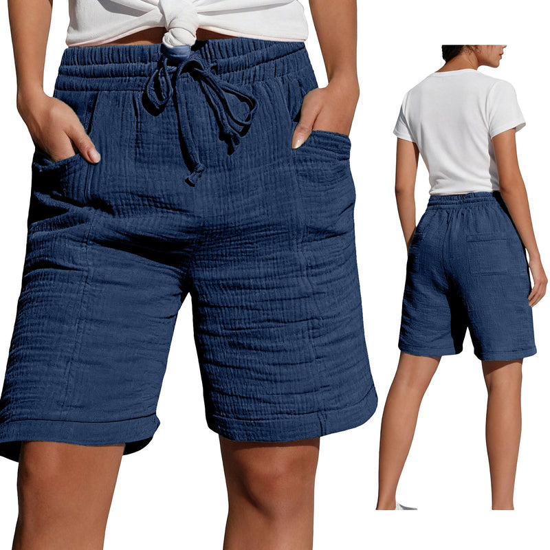 Womens Lace-up Pocketed Double-layered Pleated Capri Shorts