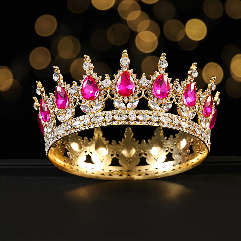 Golden Full Round Crown Red Crystal Beauty Pageant