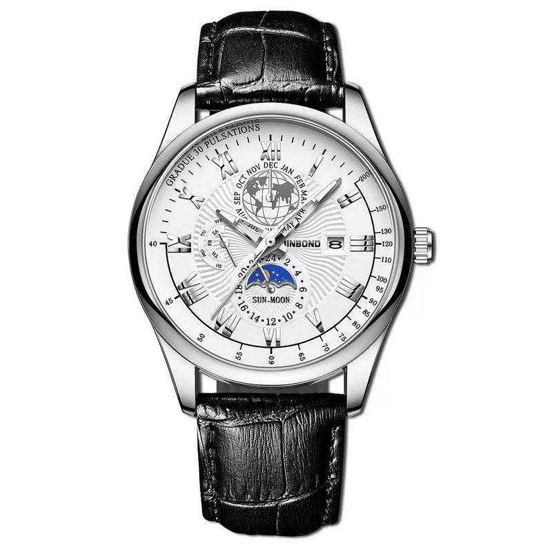 Wasserdichte leuchtende Herren-Quarzuhr mit Armband und Mondphasenanzeige