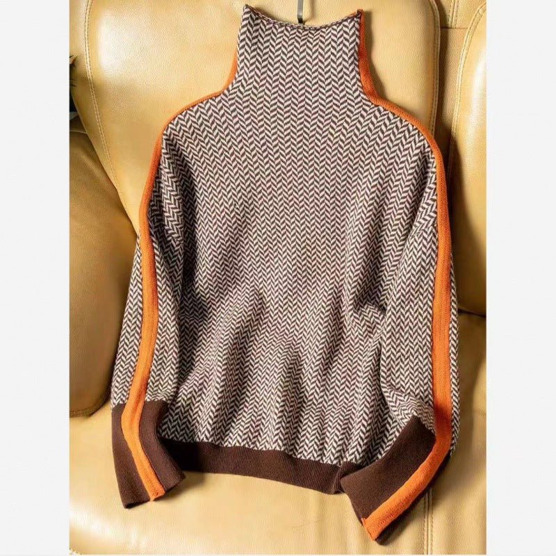 Lockerer Rollkragenpullover mit Kontrastärmeln in Wolloptik für Damen, Herbst und Winter