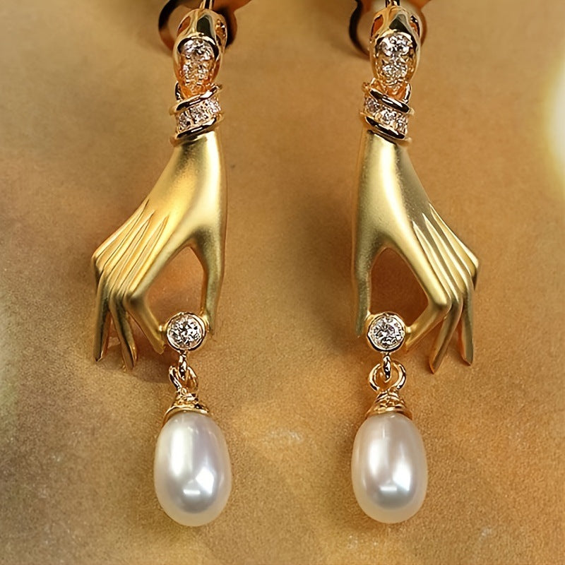 Creative Micro Inlaid Zircon Palm Pearl Pendant Earrings