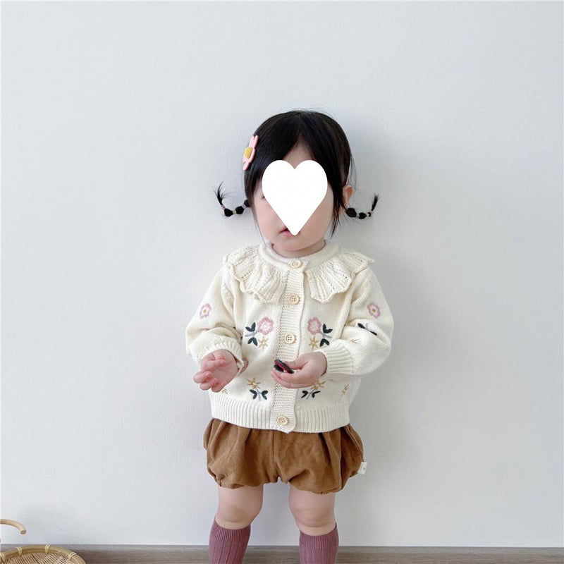 Children's Flower Embroidered Lotus Collar Knitted Warm Long Sleeve Cardigan Jacket