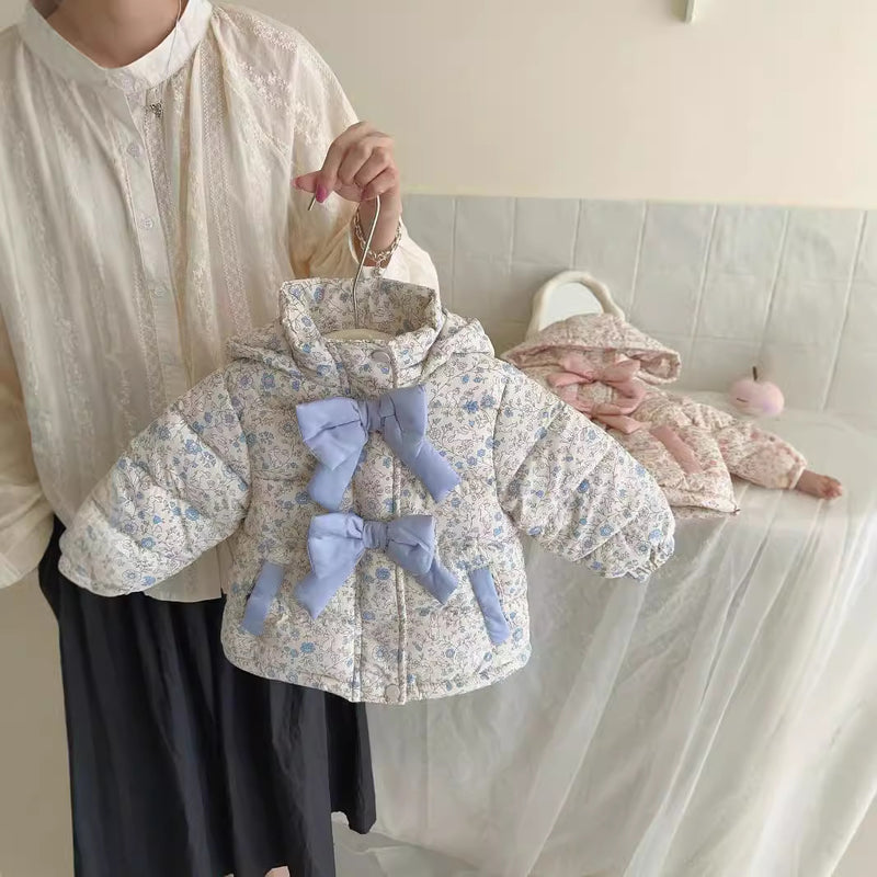 Winter Fashion Baby Floral Print Winter Bow Hooded Jacket