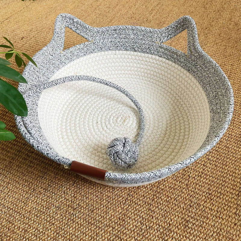 Cesto para Gatos, Cama Cesto para Gato Tecida à Mão de 35&40&46cm com Pegas em Forma de Orelhas de Gato, Cama Cesto para Gato em Corda de Algodão com Bola, Uso Interior para Todos os Gatos