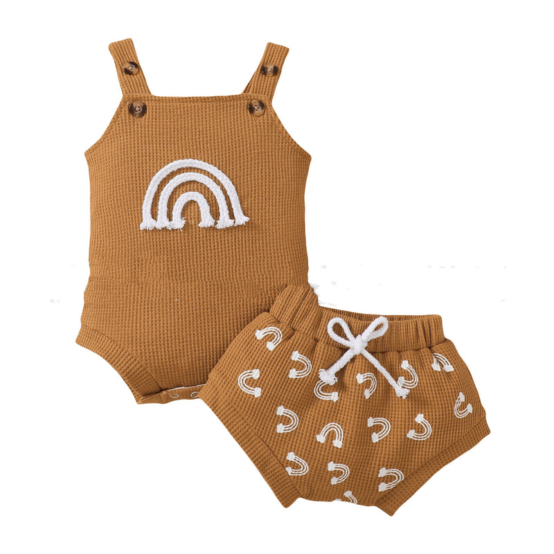 Rainbow Element Waffle Sleeveless Top And Shorts Set