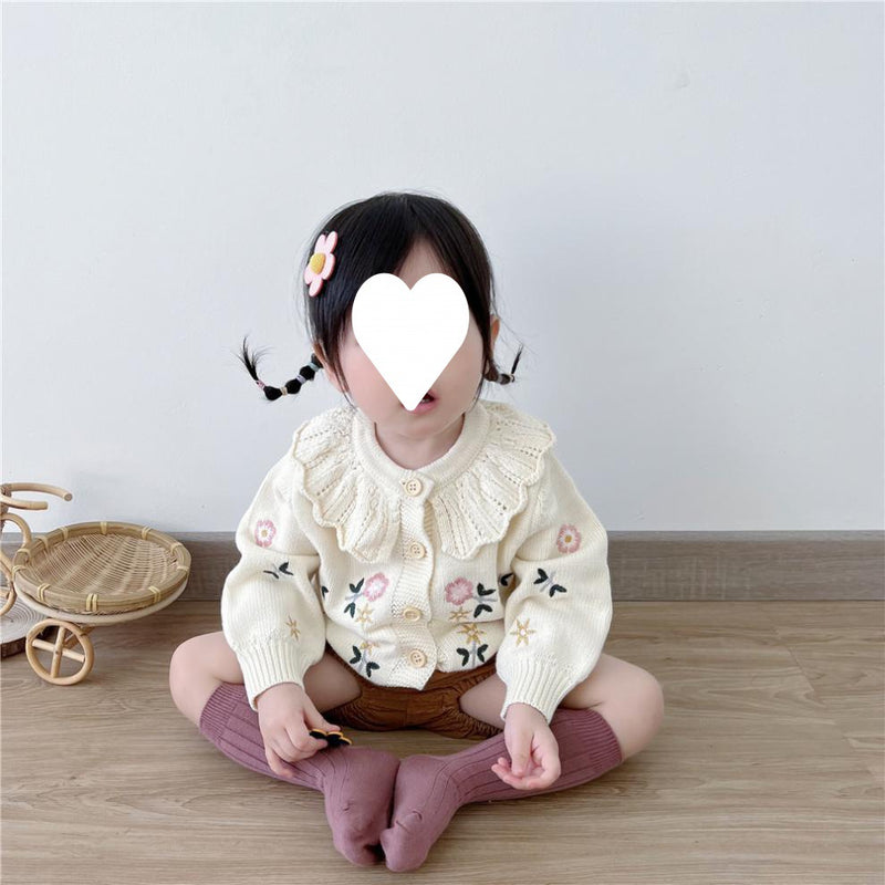 Children's Flower Embroidered Lotus Collar Knitted Warm Long Sleeve Cardigan Jacket